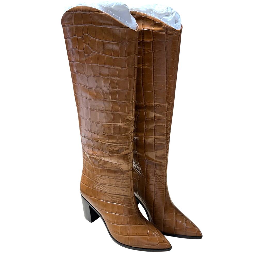 Schutz Croco Leather Knee High Heeled Boots Maryana Block Brown Size 5 NEW